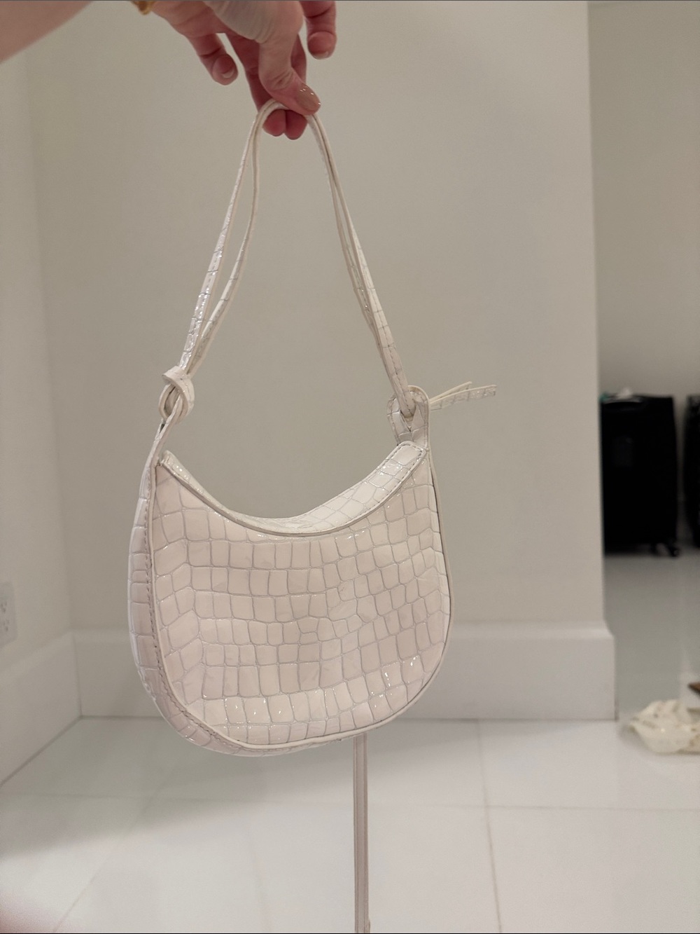 Reformation Cream Croc-Embossed Mini Shoulder Bag